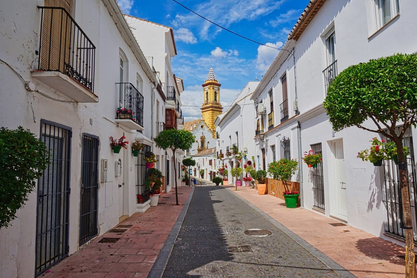 View over Estepona with the flower-filled old centre, the promenade and the Mediterranean