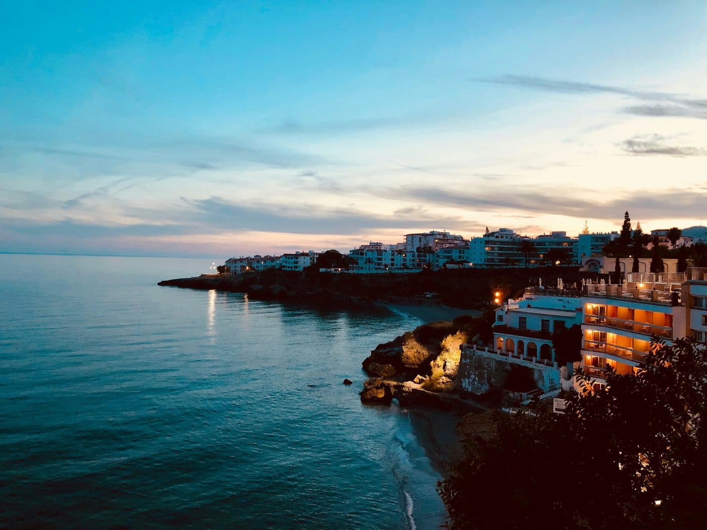View from the Balcón de Europa in Nerja over the Mediterranean and the white coastline